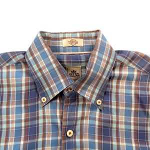 Peter Millar Mens Small Blue Brown Plaid Cotton Button Down Shirt Long Sleeve